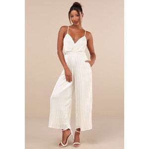 Lulus Stellar Poise Ivory Pleated Satin Wide-leg Jumpsuit White - Size L